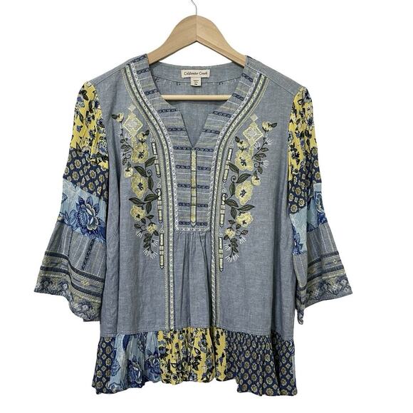 Coldwater Creek Embroidered Floral Linen Blend Top Size MP Boho Bell Sleeves - Picture 1 of 7